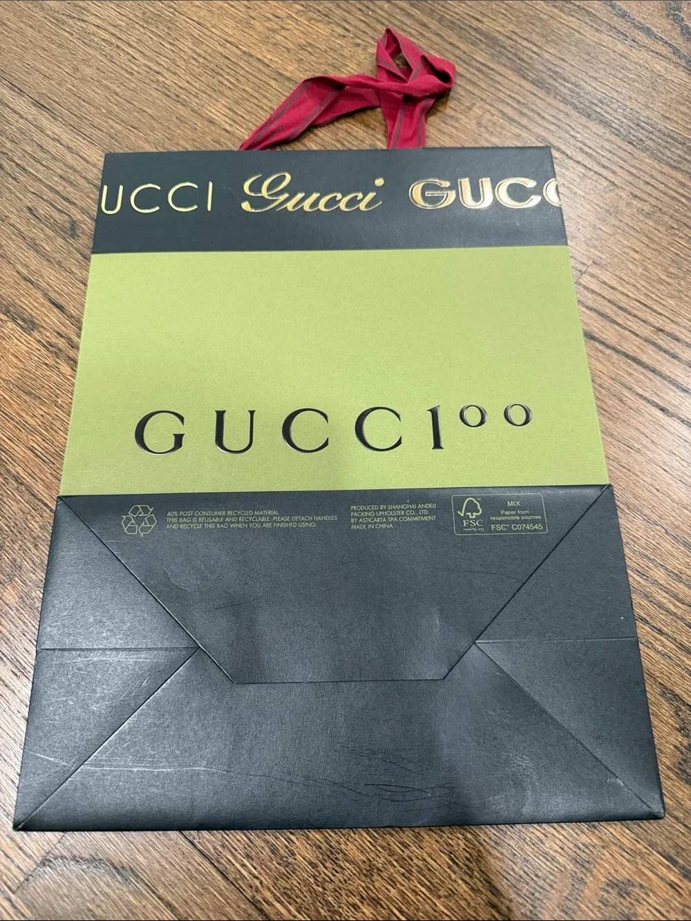 Gucci Green and Black Paper Shopping Bag with Red Ribbon Handles